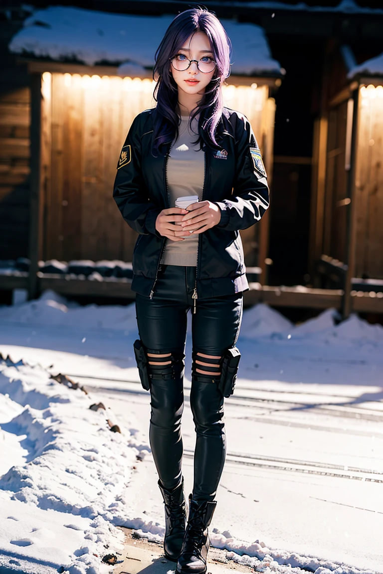 1 girl, beautiful purple hair, blue eyes detailed, wearing glasses, wearing military tactical gear, black military jacket, black military pants, plack military boots, winter, night, snow, realistic, ultra-detailed, HDR, 4k, full body, realistic lighting and contrast