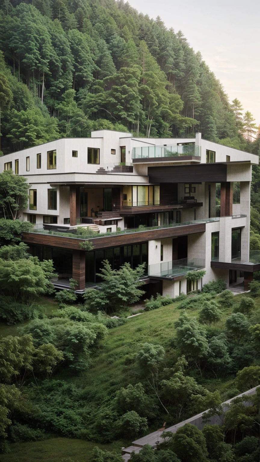 arafed house with a large deck and a mountain view, peaceful wooden mansion, amidst of nature fully covered, modern house in the wood, dense with greenery, large modern residence, beautiful house on a forest path, arhitectural shot, house in forest, beatiful house, build in a forest near of a lake, rich house, contemporary house
