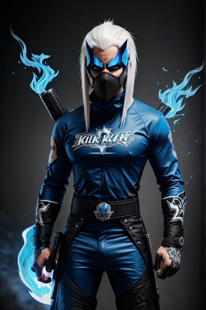 A background with (blue & black flames) , ( mascot ) type with white hair and  black mask at standing and having a guns in hand name ( killtake22 ) as gaming logo