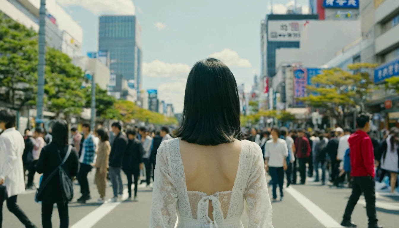 a girl, 17yo, (from back), wide shot, black hair, bunches, looking ahead, white dress, long sleeves, walking Tokyo city road, buildings, crowd of people, blue sky