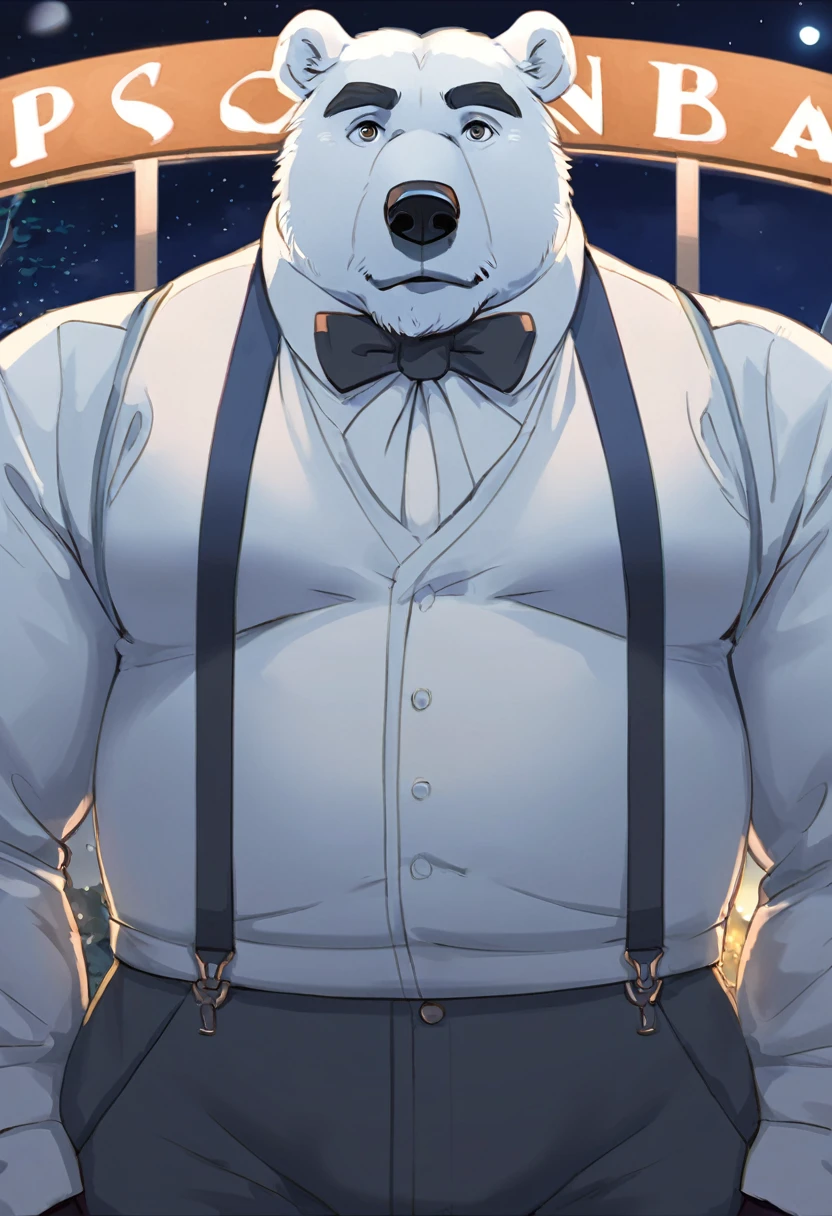 Polar Bear，personification，Mature male，Strong，White vest，Blue suspenders，night，Site background