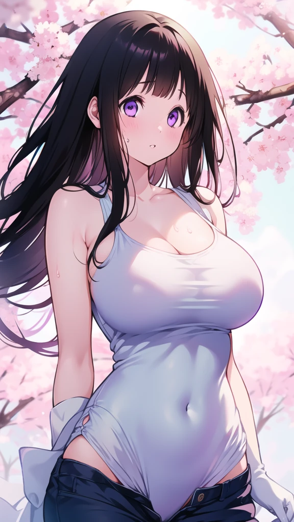 Amazing Chitanda, There is only one beautiful girl,Purple Eyes, Black Hair, Very red face,Very white skin,Glowing skin,Skin as delicate as porcelain,Naturally straight hair, Straight bangs,Extremely refined,Open lips,Long flowing hair,Beautiful Girl, Like a dream,Slim,Slim waist,Soft, (Sensual), (Kawaii), Dream quality,Beautiful big breasts,Show your armpits,Areola,Completely naked,White gloves,Flower decoration,Deep V neckline,Loose neckline,Wide neckline,Walking in school,Place your hands on your inner thighs,Sweaty and sweaty,Next to the cherry blossom trees,Back to,Lean over,Hips,Side body,Gluteal groove,Completely naked的臀部,Bare back,Completely naked的背部,Light transmission,no pants,pussy juice,Bare shoulders,Bare neck,Exposed collarbone,Exposing breasts,Exposing breasts侧面,Show your waist,Show your buttocks,Show your thighs,Exposing the groin,No pants,extremely shy,Ultra-high resolution, (masterpiece:1.2, best quality), (Delicate and beautiful eyes: 1.2), (Beautiful and delicate face)