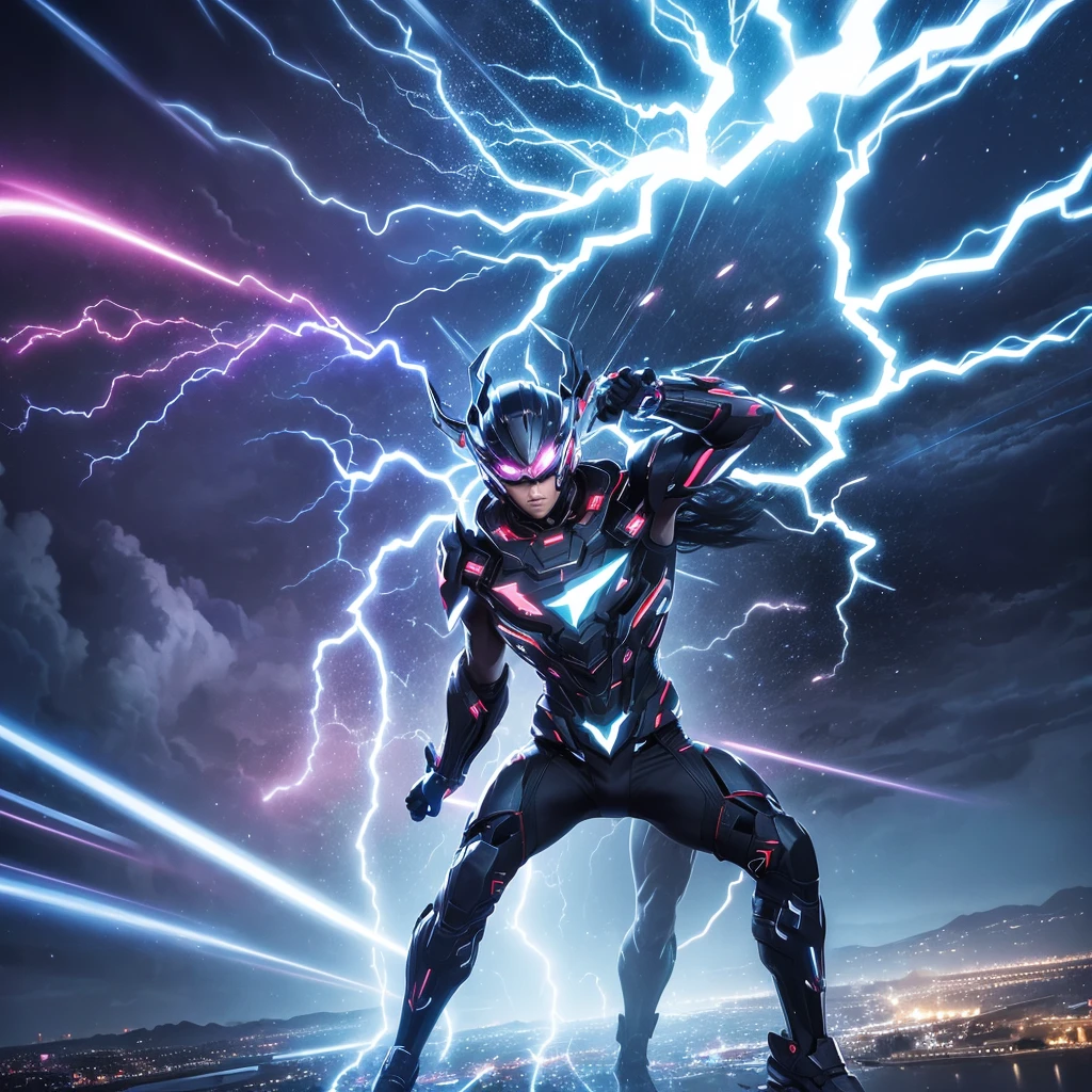 super fine illusration, top quality, lightning strike, electric sparks, dynamic action, fast movement, dark stormy sky, illuminated figure, powerful energy, vibrant colors, dramatic lighting, intense speed, motion blur, futuristic style, high contrast, surreal atmosphere