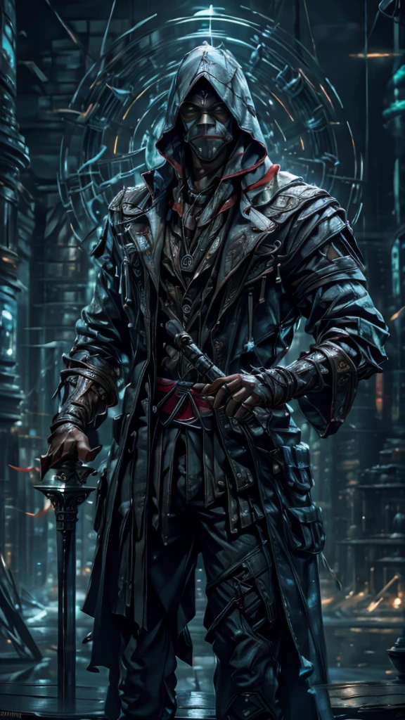High quality portrait of a hero with anonymous mask, holding a sword in front of him with both hands, big muscles, using assassin's creed clothes.