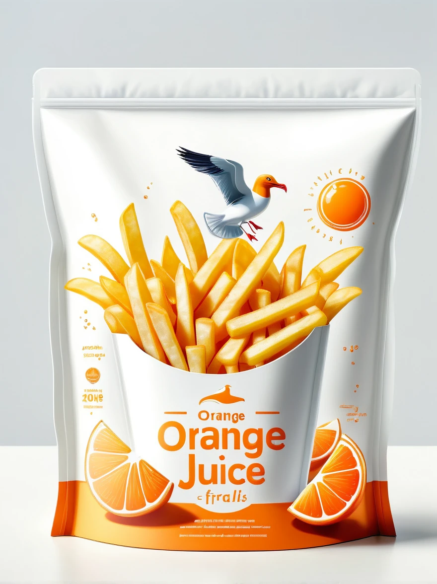 Design a modern Seagull and French Fries packaging, Focus on flat illustration of seagull and french fries,Highlight its rich nutritional content. The background should be clean and white, Emphasis on simple and practical aesthetics. The packaging should be visualized as a smooth plastic bag, Pursuit of high definition. The design should be simple and practical, Shoot in natural light,To enhance its professionalism and attractiveness, Highlighting the freshness and health benefits of orange juice.