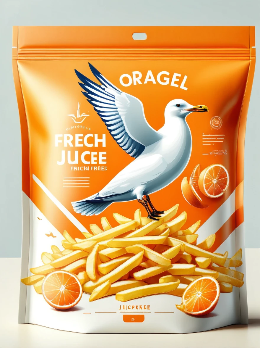 Design a modern Seagull and French Fries packaging, Focus on flat illustration of seagull and french fries,Highlight its rich nutritional content. The background should be clean and white, Emphasis on simple and practical aesthetics. The packaging should be visualized as a smooth plastic bag, Pursuit of high definition. The design should be simple and practical, Shoot in natural light,To enhance its professionalism and attractiveness, Highlighting the freshness and health benefits of orange juice.