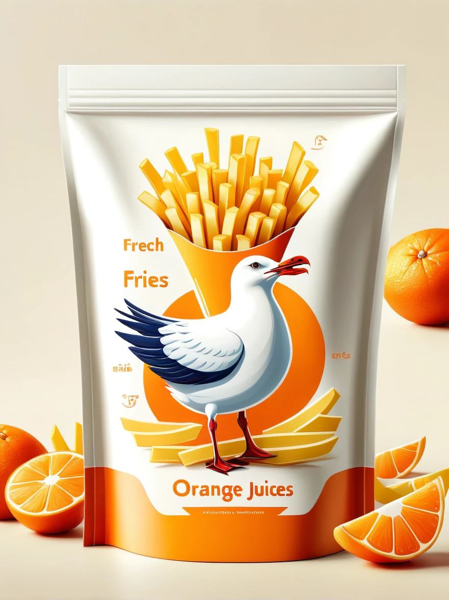 Design a modern Seagull and French Fries packaging, Focus on flat illustration of seagull and french fries,Highlight its rich nutritional content. The background should be clean and white, Emphasis on simple and practical aesthetics. The packaging should be visualized as a smooth plastic bag, Pursuit of high definition. The design should be simple and practical, Shoot in natural light,To enhance its professionalism and attractiveness, Highlighting the freshness and health benefits of orange juice.