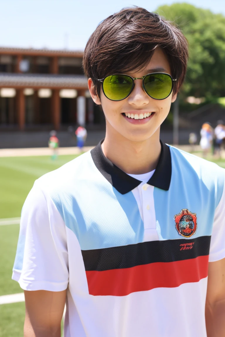 university student,Japanese men,sunglasses,Short Hair,Sportsman Style,T-Shirts,Height: 175 cm,smile,Sunburn