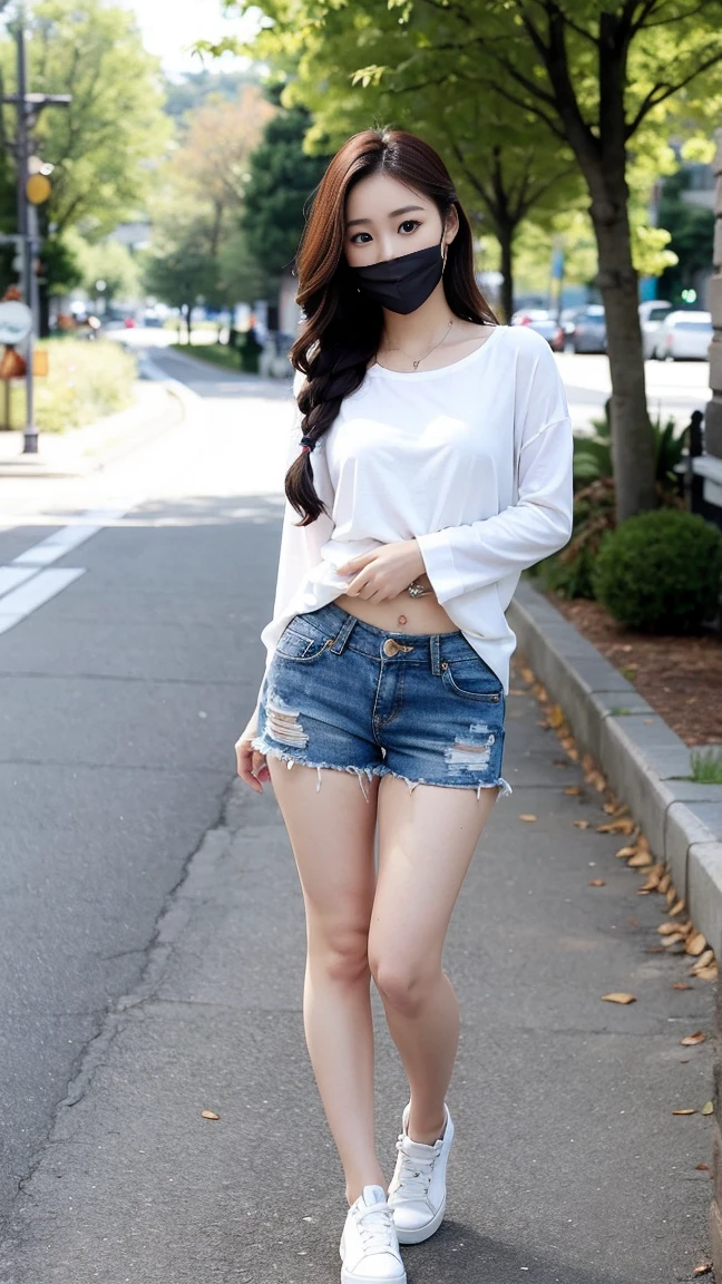  Wearing a white shirt， girl, （tight top：1.5），close your mouth and smile，legs long，Skinny super shorts，White skin of the，high high quality，4K, Face-to-face audience, 1 plump girl，hair tying up，at the street side，（Bring your legs together：1.5），with a round face， 32 inches in the chest, (sexy pose),(standing pose) ,(full body shot)、Chest 32 inches, ,Stand on the grass and take pictures