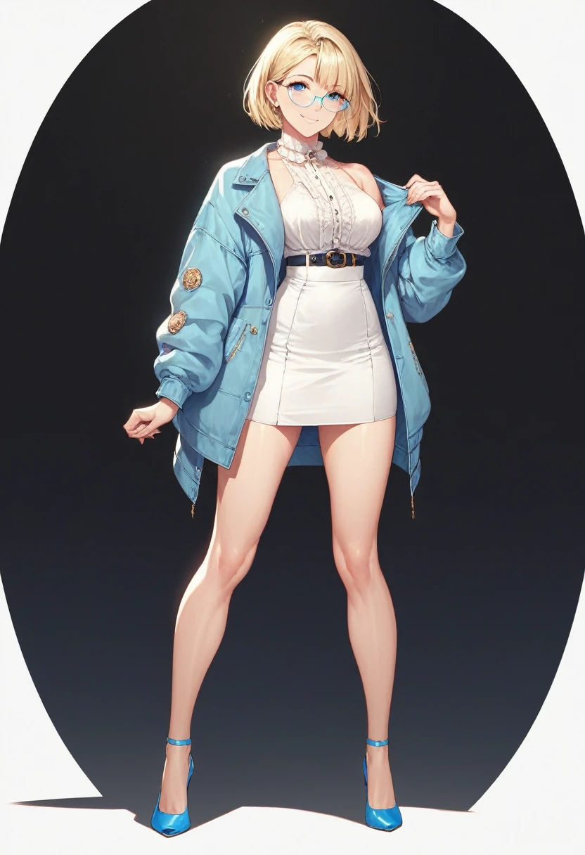 beautiful woman, solo, full body, standing, medium bob cut blonde hair, light blue eyes, two points glasses, medium breasts, blue opened jacket, white blouse, beautiful knee, white long flare skirt, blue high heels, soft smile, perfect hands with 5 fingers, black background, no background