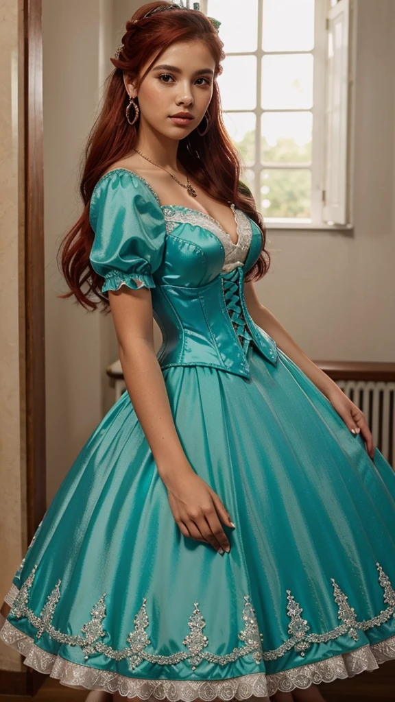 Quinceanera dress mint with bolero
,spitze,corset, bolero,diadem,earrings,lippgloss,necklace,long red hairs
