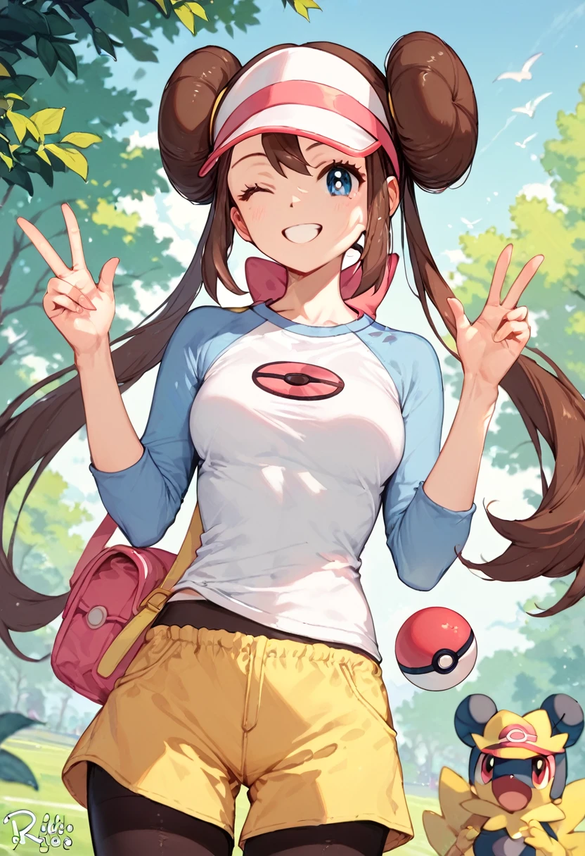 score_9,score_8_up,score_7_up,(details background),cowboy shot,1girl,
rosa (pokemon),brown hair,long hair, hair bun,double bun,twintails,blue eyes,visor cap
pantyhose,raglan sleeves,yellow shorts,shorts,
outdoor,Holding a monster ball,one eye colsed, (((hands up))),(waving hands), [[outstretched arms]], [outstretched hand],(((peace sign))),(smile),gold crown winner with laurel wreath around it, red text, and white circle background, no humans, english text, crown