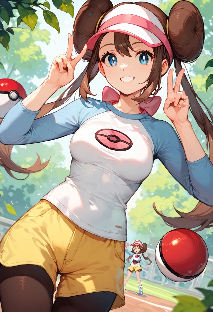 score_9,score_8_up,score_7_up,(details background),cowboy shot,1girl,
rosa (pokemon),brown hair,long hair, hair bun,double bun,twintails,blue eyes,visor cap
pantyhose,raglan sleeves,yellow shorts,shorts,
outdoor,Holding a monster ball,one eye colsed, (((hands up))),(waving hands), [[outstretched arms]], [outstretched hand],(((peace sign))),(smile),gold crown winner with laurel wreath around it, red text, and white circle background, no humans, english text, crown