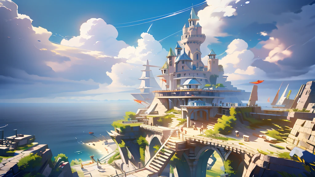 3D render of an adorable cartoon castle with water slides, puffy clouds and pastel colors, in the style of pop mart, pink and blue color scheme, sky background, hyper realistic, detailed, octane rendering, studio lighting, fantasy. --s 750 --niji 6--ar 3:4,A futuristic city with flying cars and holographic displays, connected by spiral bridges over an ethereal ocean. The sky is a clear blue, and the buildings have metallic textures. In one corner of the scene, there is a large floating structure resembling the torus symbol, glowing in shades of a white to light blue gradient. A drone flies above it, capturing its majestic presence against the backdrop of thedlistant planet. --s 750 --v 6.0(UHD, retina, masterpiece, anatomically correct, accurate, super detail, high details, award winning, highres, best quality, 16k, high quality)