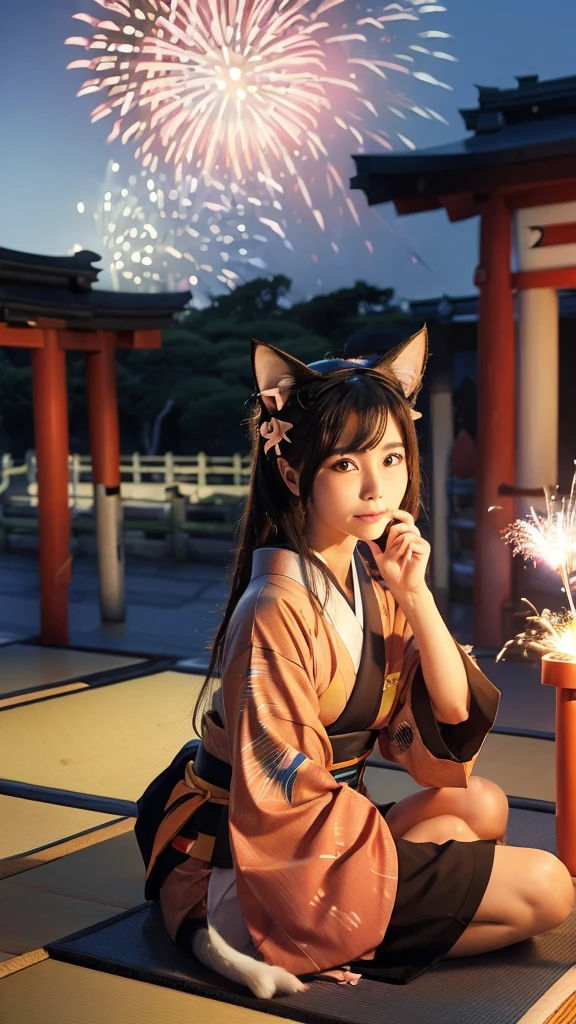 (Japanese idle:1.6), (Cat ears:1.3), yukata, (Fireworks:1.4), Sitting in sunset seashore,
