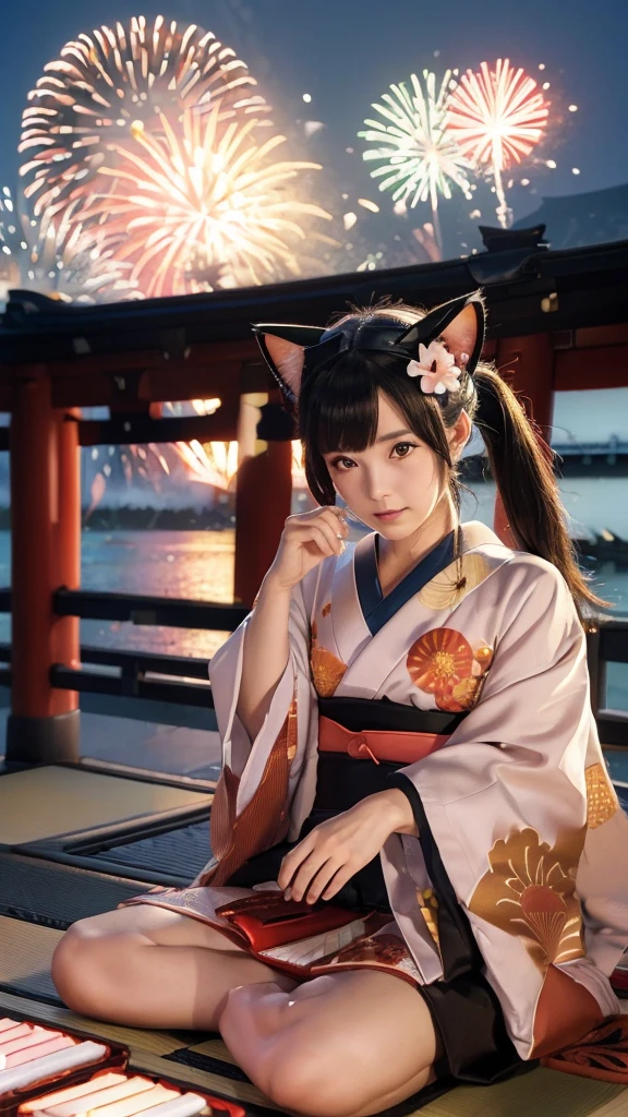 (Japanese idle:1.6), (Cat ears:1.3), yukata, (Fireworks:1.4), Sitting in sunset seashore,