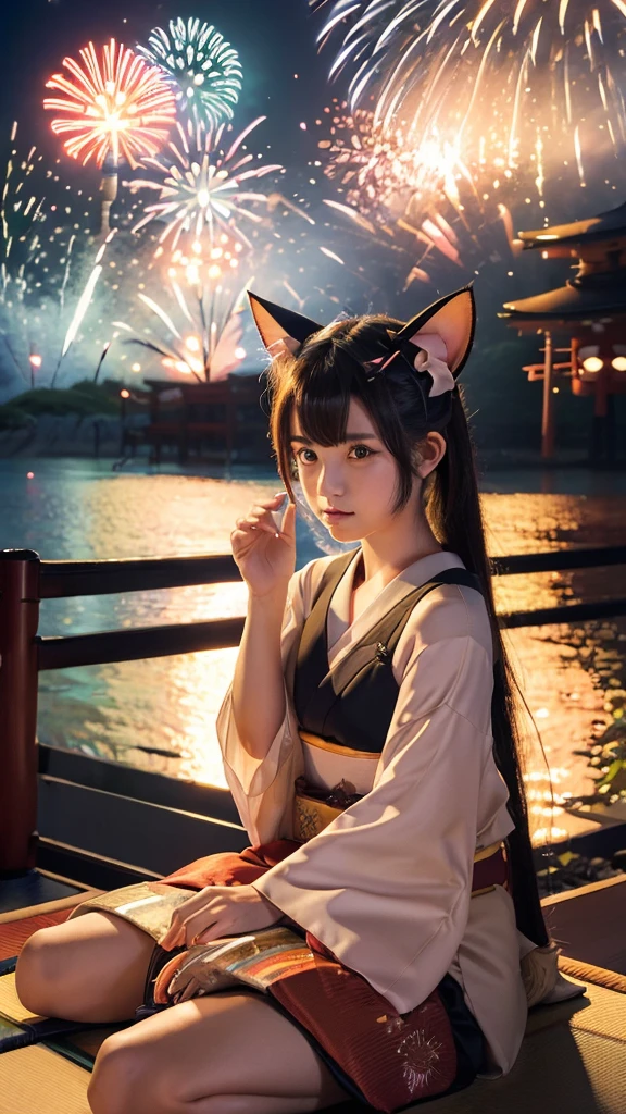 (Japanese idle:1.6), (Cat ears:1.3), yukata, (Fireworks:1.4), Sitting in sunset seashore,