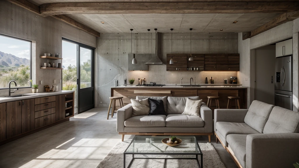 Interior with modern concrete rustic, with backdrop of natural light, wall decorated with old effect cement paint, mix with rivendell architecture, concrete hitech interior, minimal Livingroom with kitchen, beautiful aesthetic design, minimalistic house in the wood, small living room with kitchen, rustic, filled with natural light, modern earthy neutral earthy, 8k, FHD, Octance Render