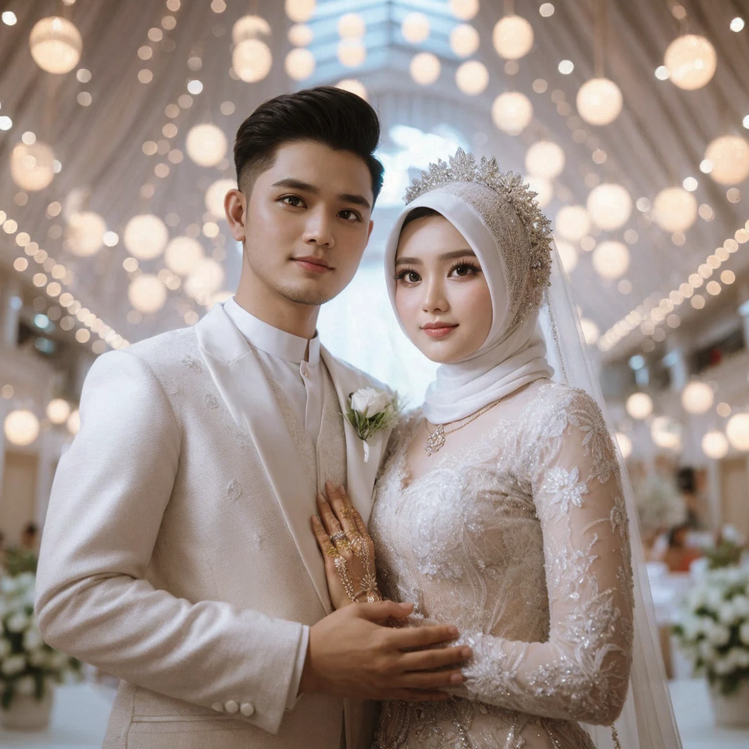 indoor portrait of an Indonesian couple bride, a 30 years old, the man with a short haircut, woman with chubby wearing a long compliant sharia hijab white islamic dress bride, mahkota mewah hiasan mutiara, kalung bunga melati. Tersenyum manis, pengantin dengan hiasan bunga mawar putih, memakai pakaian serba putih. same high body, backround is stage bride, bokeh, Captured with a Sony camera, ultrawide shoot, the results are realistic, fresh color, 8k