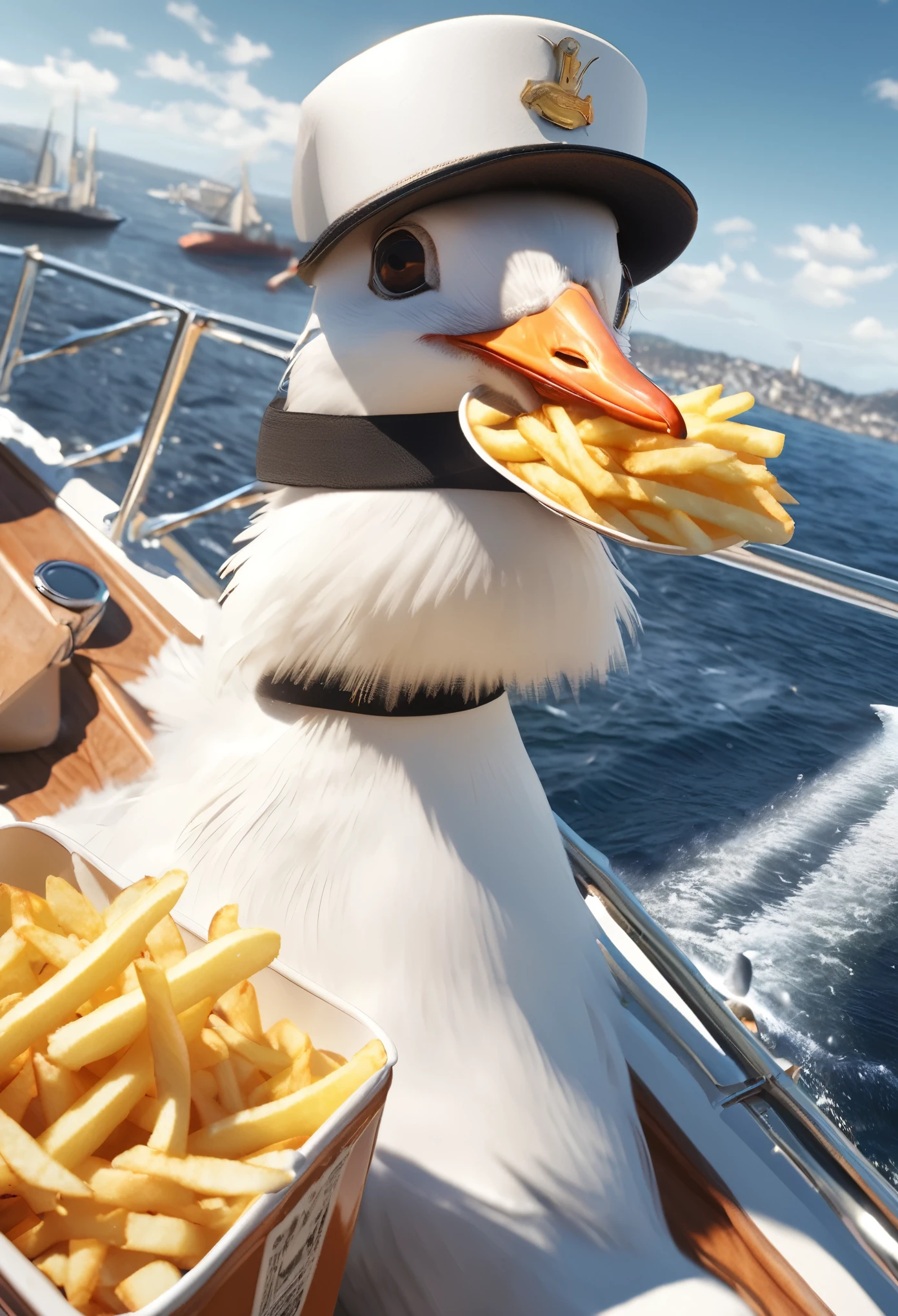 best quality, super fine, 16k, incredibly absurdres, extremely detailed, 2.5D, delicate and dynamic, on a cruiser at sea, watching seagulls through binoculars while eating french fries