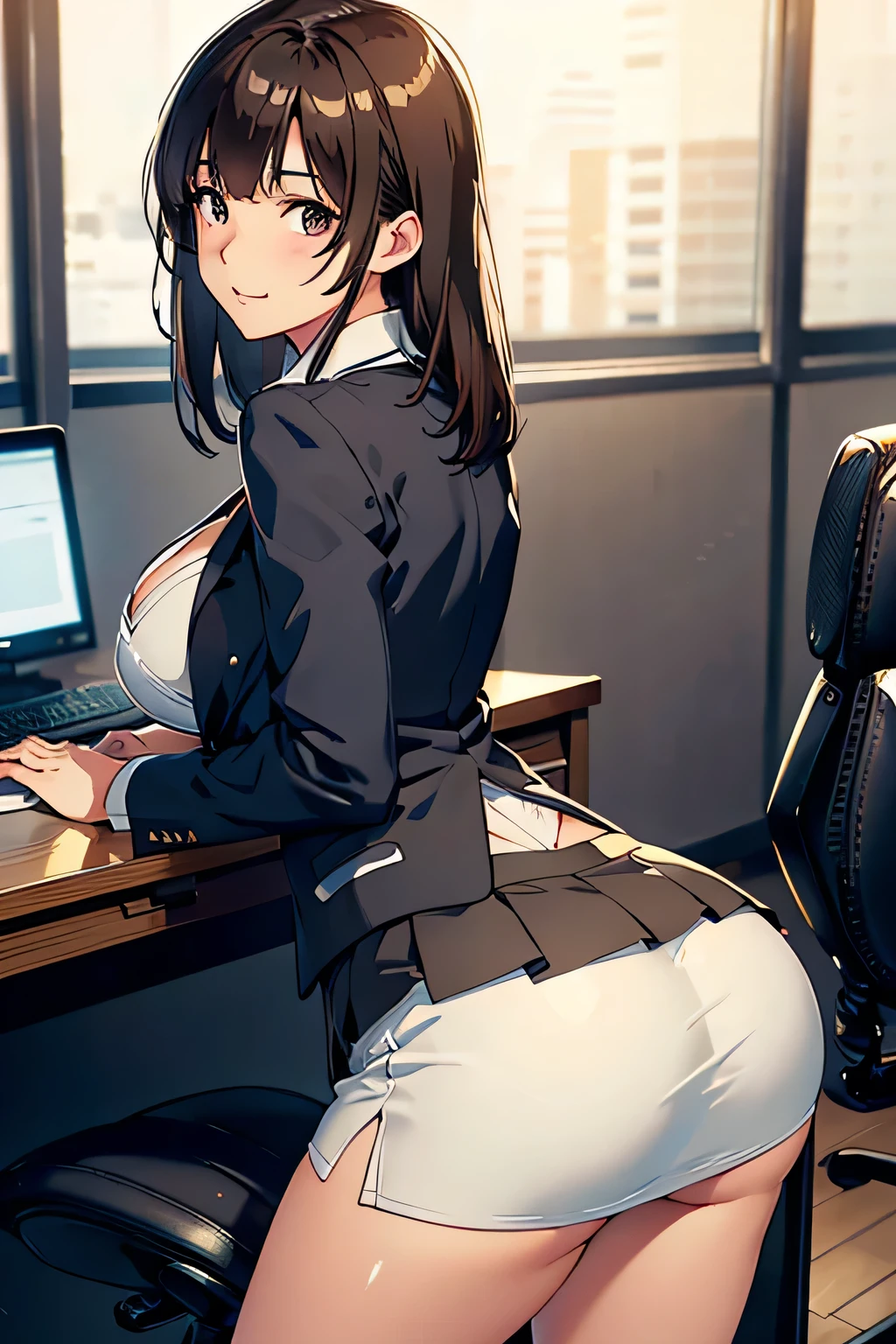 japanese, solo, large breasts, brown hair, bangs, pout,  (natural make:1.2), dynamic angle, high res, (photo realistic:1.2), (highly detailed:1.1), desk, Tight skirt business suit, office chair, smile,(computer), detail brassiere, delicate background, bokeh, professional lighting, physically-based rendering), cleavage,( ((backshot)), slim, sexy, ((stick out butt)),
