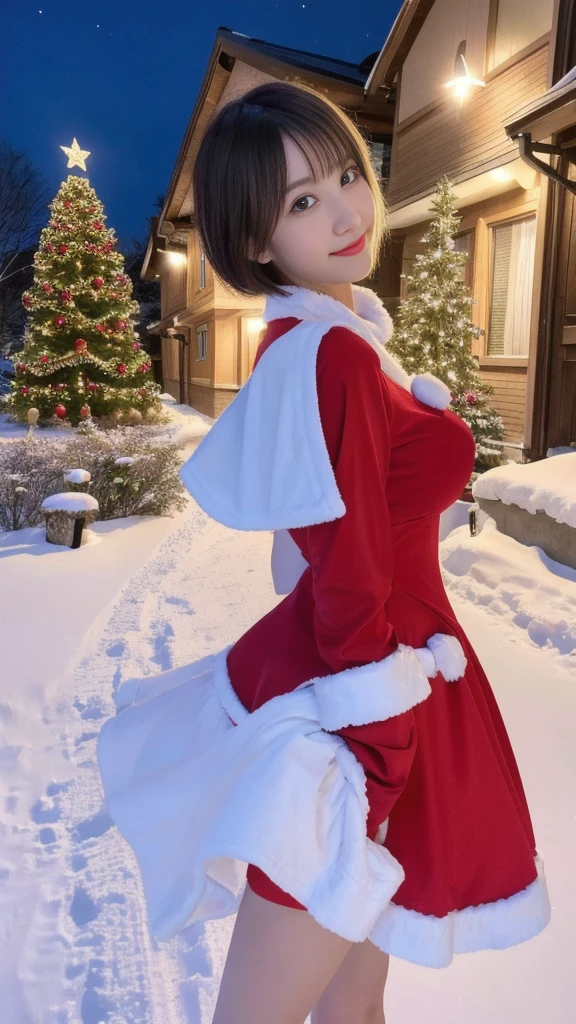 1girl, (santa claus costume:1.5), symmetry, beautiful cute ultra young girl, (slender figure:2.0), (ultra short hair:1.75), ultra big smile, (Beautiful large round droped detailed eyes:1.0), beautiful detailed lips, extremely detailed face, natural makeup, Incredibly beautiful skin, (best quality,4k,8k,highres,masterpiece:1.75),(ultra-detailed,realistic,photorealistic,photo-realistic:2.0),professional,vivid colors,studio lighting,snowing night town,christmas eve