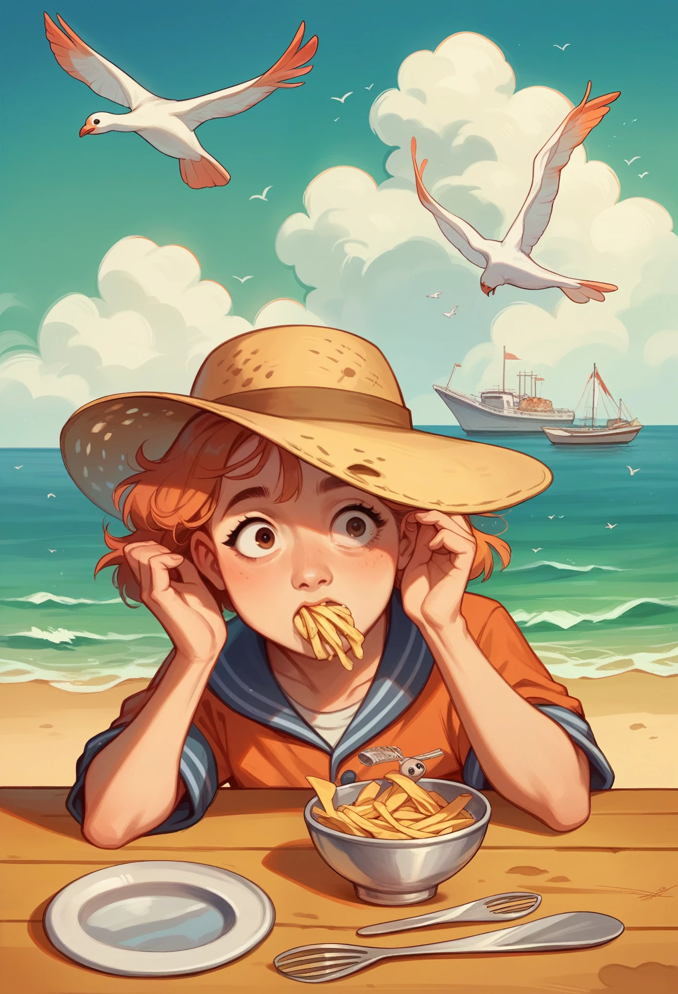 best quality, super fine, 16k, incredibly absurdres, extremely detailed, 2.5D, delicate and dynamic, on a cruiser at sea, watching seagulls through binoculars while eating french fries