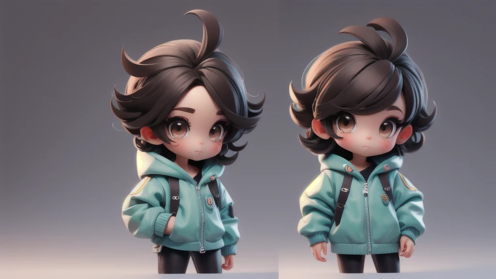 Make a chibi with black pull, dark brown eyes, texture crop style hair.