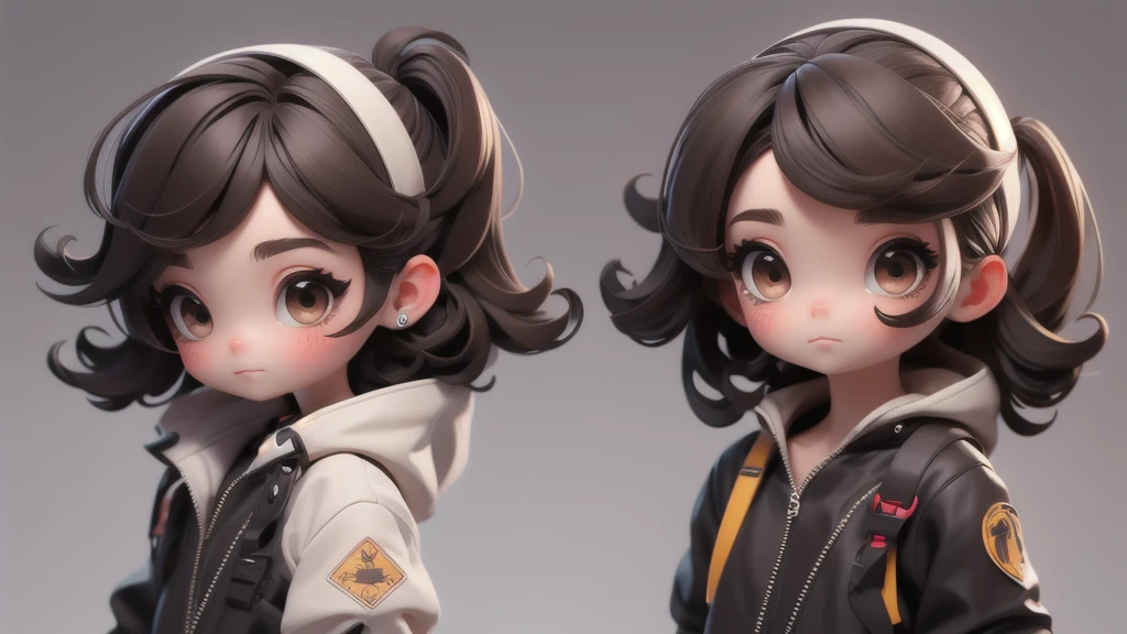 Make a chibi with black pull, dark brown eyes, texture crop style hair.
