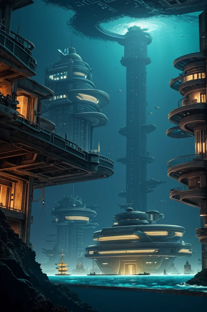 An advanced underwater city, complete with glowing buildings, sea-life integrated into the architecture, and submarines as common transportation.
