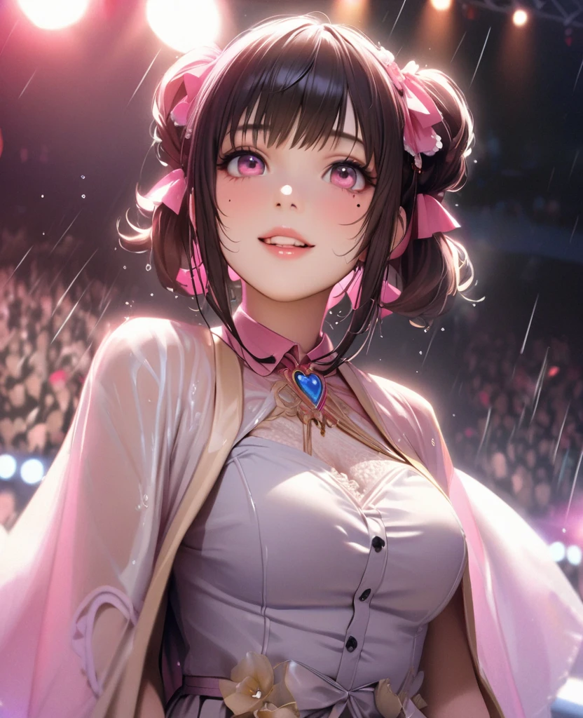 One Girl、Looking at the audience、lovely,
Beautiful pink eyes、short twin tail hair , Mole under the eye、Plump and glossy lips、Heart-shaped choca、Idol、Her name is Rico,smile、ー、。.。.。.。.。.。.。.。.。.。.。.。.。.。.。.。.。.。.3D、Realistic、
The idol's costume was soaked in the heavy rain, and her chest was wet and transparent.Heavy rain at outdoor concert, Drape clothes、gem、The decoration has been removed、Floral、Lace trim,On a glittering stage、
masterpiece、highest quality、8k、Detailed skin texture、Detailed cloth texture、Beautifully detailed face、Intricate details、Very detailed、
超A high resolution、8k Ultra HD、Film Grain、Best Shadow、delicate、Gazing at the audience、front
