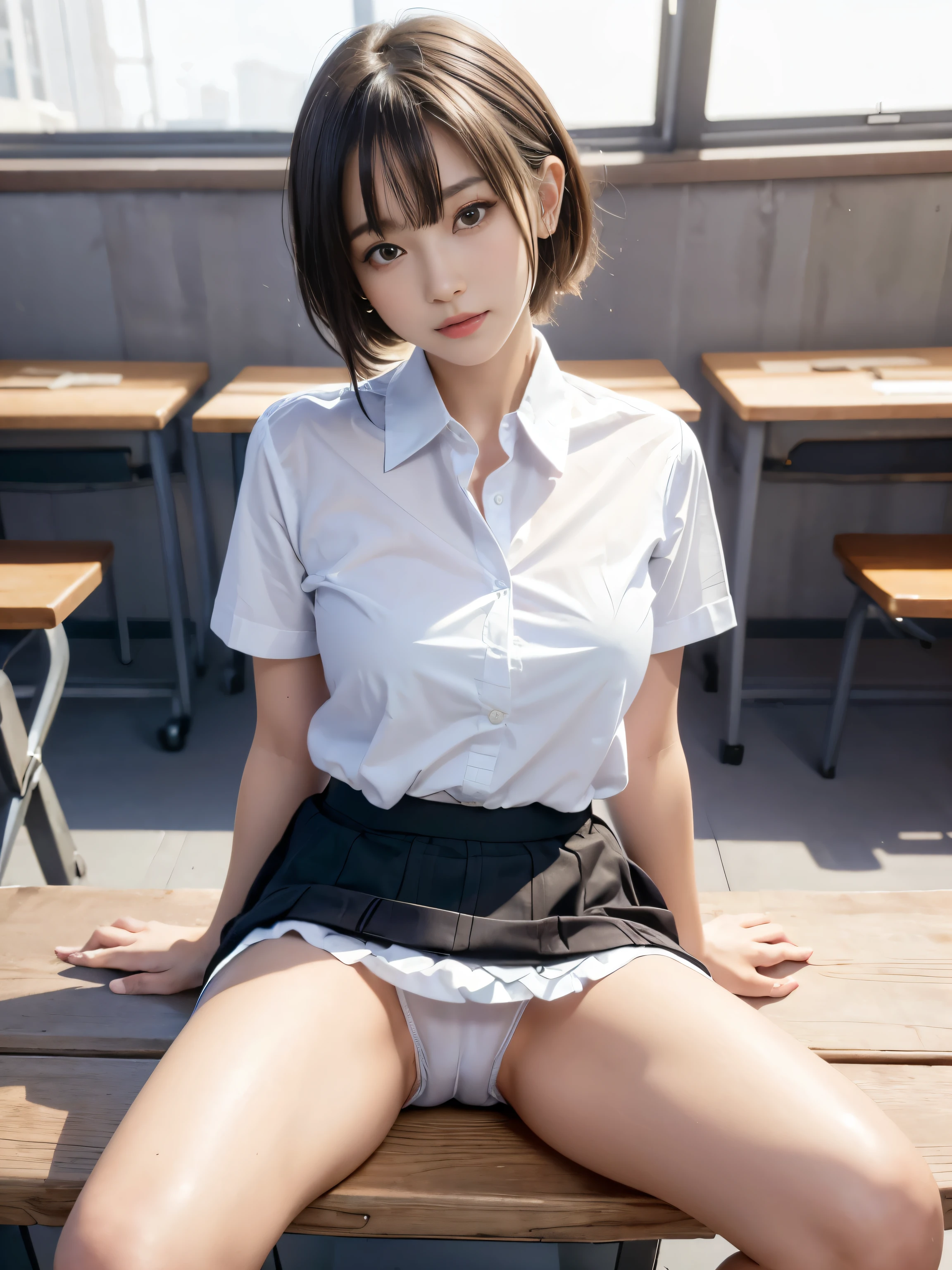 ultra highres,(reality: 1.4),highest quality, masterpiece, high detail, 16K quality, beautiful, 1 beautiful girl,japanese,super beautiful face,baby face,japanese idol face,cute face,hyper detailed face,detailed hand,beautiful skin,glossy skin,big eyes,big smile,profeccional lighting,face light,(sitting with knee up),((spread legs)),checked skirt,skirt lift,(((show off panties))),((white panties)),white shirt,open shirt,high socks,medium breasts,short hair, black hair,brown beautiful eyes, nsfw,she is looking at the camera,classroom,