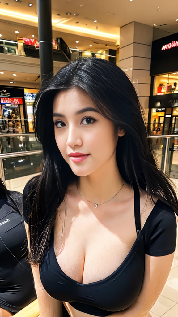 a beautiful woman, slender body, ultra gigantic breasts, long legs, casual black bikini   tight dress with o-neck spandex short-sleeve, high heels, seductive look, sexy pose, front view, detailed eyes and detailed face, realistic, photo realistic, shopping at large mall, indoor