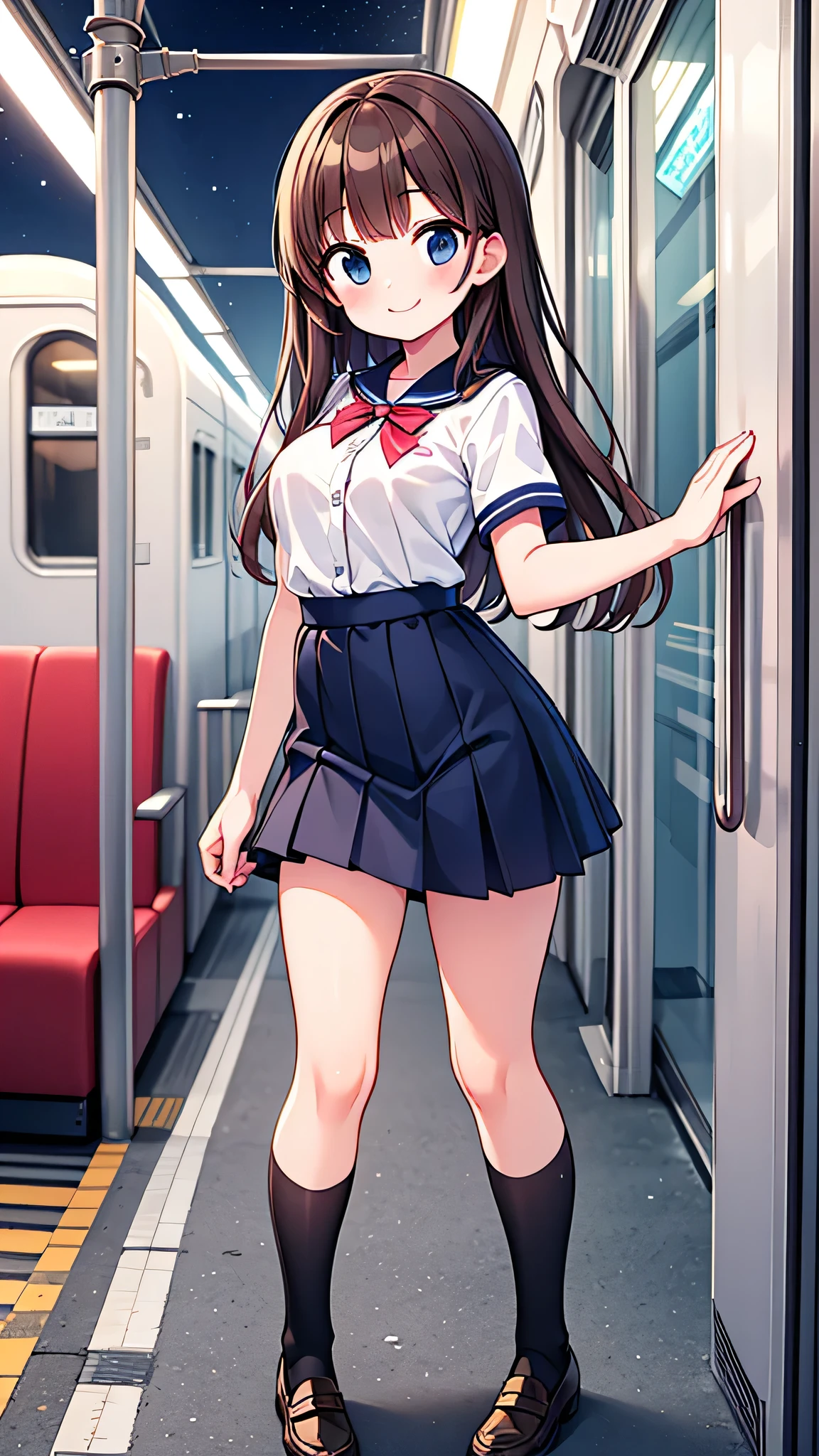 {Highest quality], [Super beautiful], [Ultra fine], [Best illustration], NSFW,Brown Hair, Hime cut, Long Hair, With bangs, girl, Sailor suit,Navy blue knee socks and black loafers,smile, blush, Slender women,Short sleeve,Long straight skirt, Adult women,Strike a Pose,Inside the train at night,diagonal,