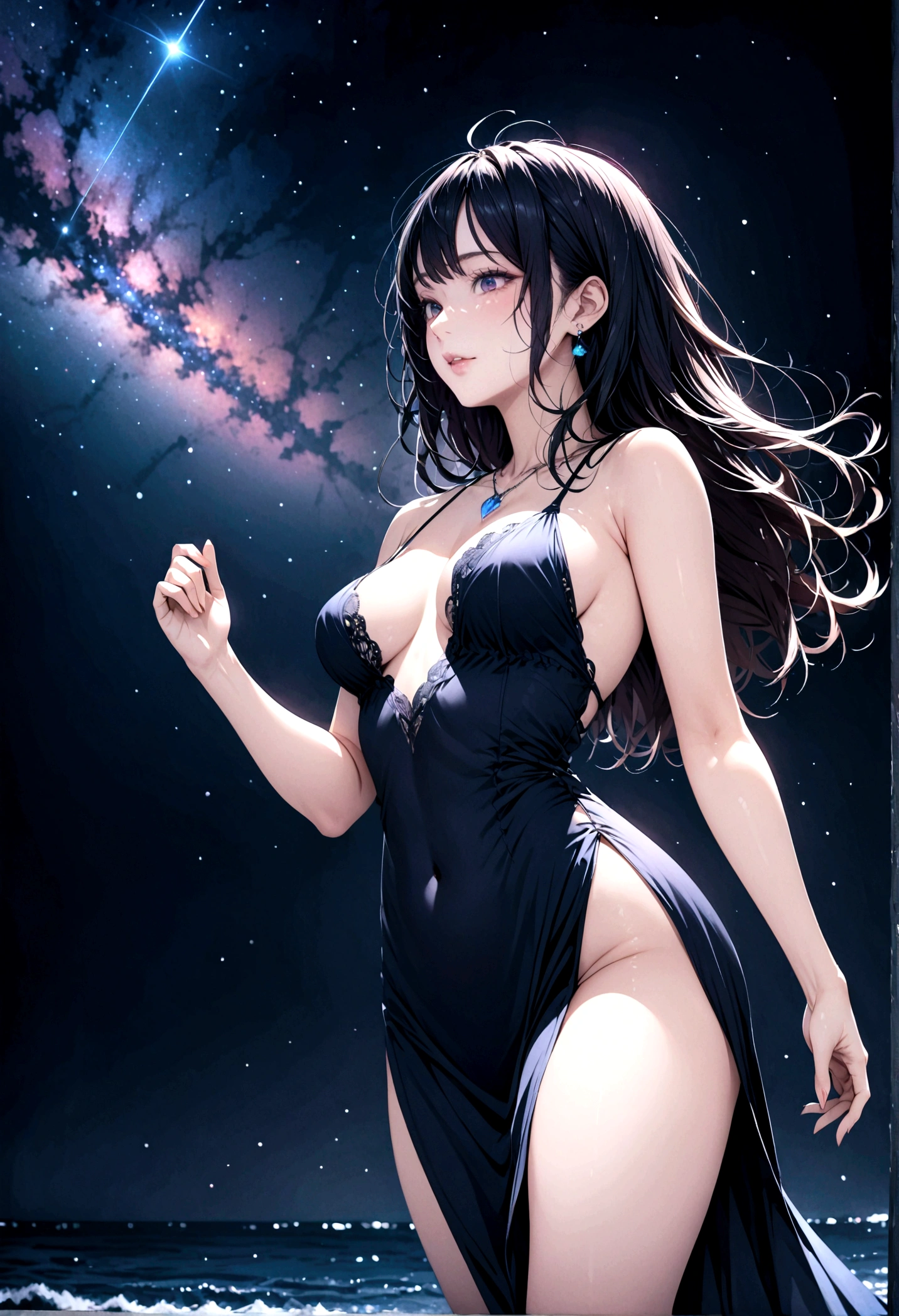 8k, masterpiece, RAW Photos, Highest quality, Realistic, Very detailed, Depth of written boundary, Cinematic Light, Anatomically correct body, 
One beautiful mature woman, Very beautiful face, Exquisitely detailed face, Goddess-like deity々Beautiful, Very sensitive skin, Transparent white skin, Glamorous Body, 
Wavy black long hair, Beautiful legs, 
A high-slit dress with fluttering lace, Detailed cloth texture, Gorgeous necklace, Gorgeous earrings, 
Dark starry background, Milky Way Galaxy, Meteors, Dark coastline at night, Pitch black sea surface, 
Low angle shot, 
