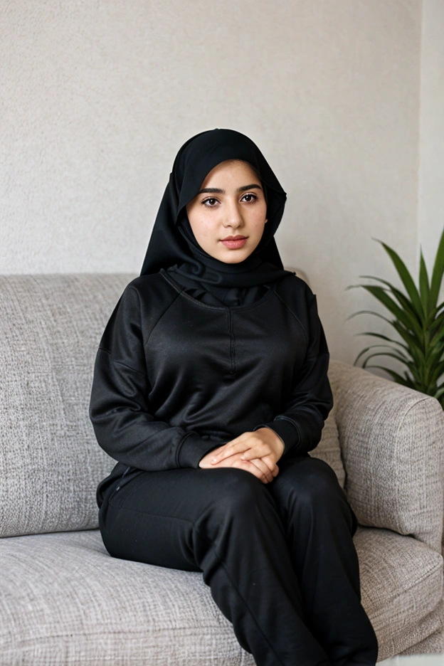 woman,((30 years old)), black hijab, black shirt, beautiful face, white skin, long pants, soft smile, living room