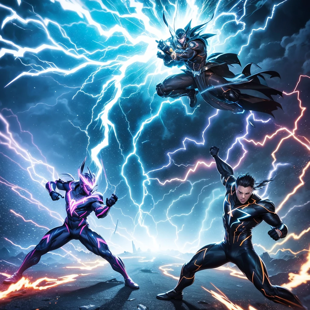 super fine illustration, top quality, lightning bolt, rapid movement, dynamic pose, powerful energy, electrifying atmosphere, glowing effects, stormy background, vibrant colors, dramatic lighting, intense action, speed lines, modern fantasy style, high contrast, mid-action shot