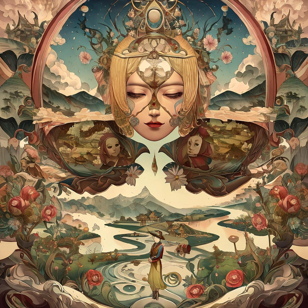 estilo dali, surreal, oil, Asian landscape, chuva, Obra de arte, High definition, high resolution, Cerejeiras, flores de cerejeira