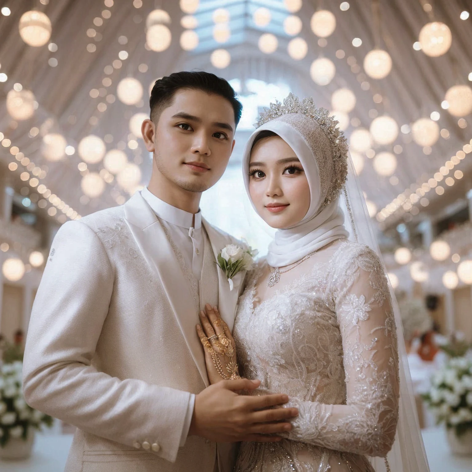 indoor portrait of an Indonesian couple bride, a 30 years old, the man with a short haircut, woman with chubby wearing a long compliant sharia hijab white islamic dress bride, mahkota mewah hiasan mutiara, kalung bunga melati. Tersenyum manis, pengantin dengan hiasan bunga mawar putih, memakai pakaian serba putih. same high body, backround is stage bride, bokeh, Captured with a Sony camera, ultrawide shoot, the results are realistic, fresh color, 8k