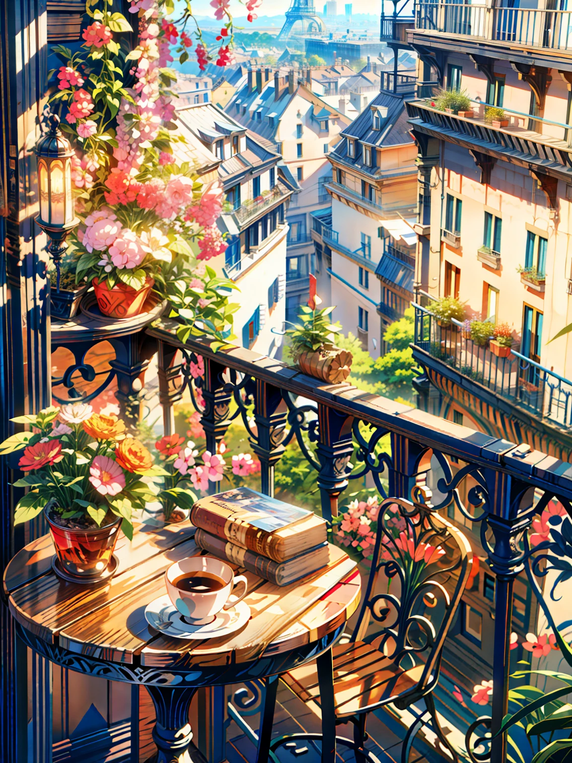 Coffee cup on a wooden table, beautiful terrace, terrace, balcony, Paris background, balcony, Sitting in a French apartment, plants on balcony, pleasant Cozy atmosphere, on a balcony, Cozy cafe background, Morning Coffee, Rooftop Romantic, Paris, with eiffel view, Paris city, Cozy place, Spring Morning, Cozy atmosphere,  4K High Definition, Beautiful Art UHD 4K, Beautiful artwork illustration, Beautiful digital painting, Highly detailed digital painting, Beautiful digital art, Detailed painting 4k, Highly detailed digital painting, Rich, picturesque colors, Gorgeous digital painting