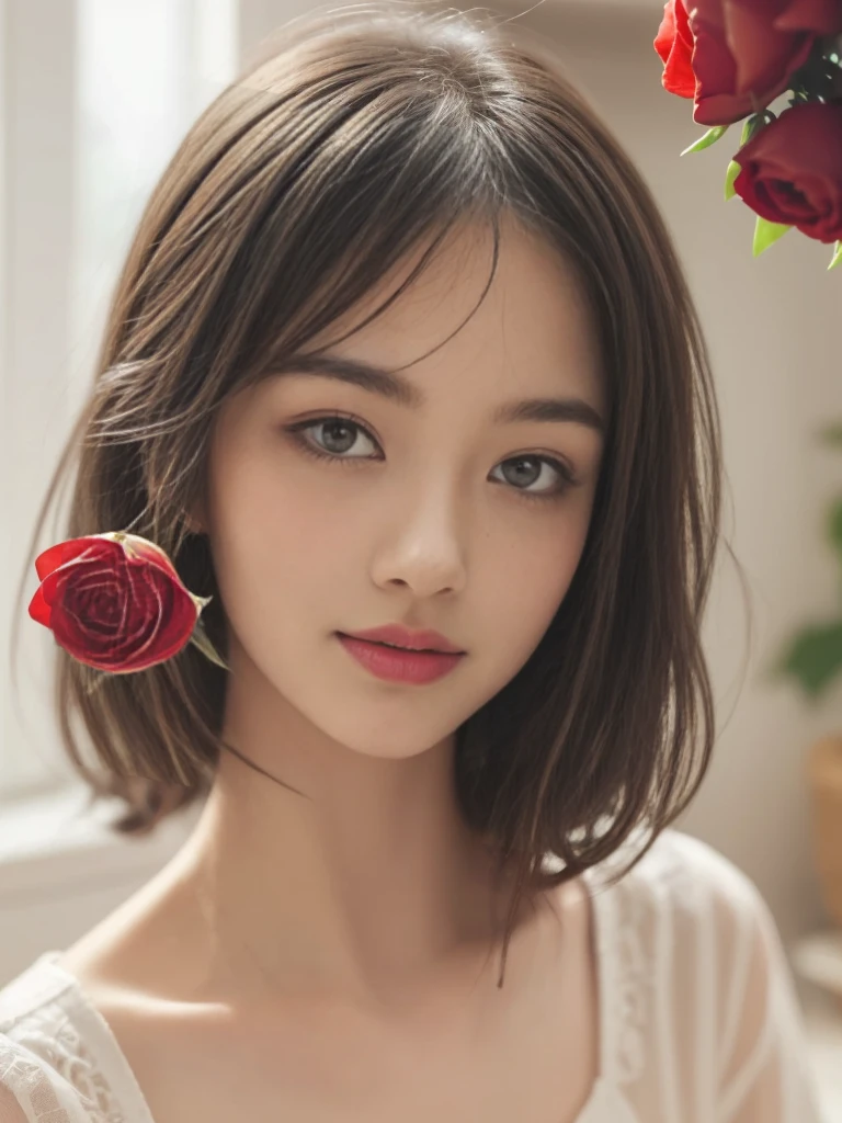 Create a portrait of a beautiful woman standing in a kitchen room surrounded by blooming roses. Capture the intricacy of the rose petals and the subtle nuances of the woman’s expression.cute face smile realistic RAW IMAGE