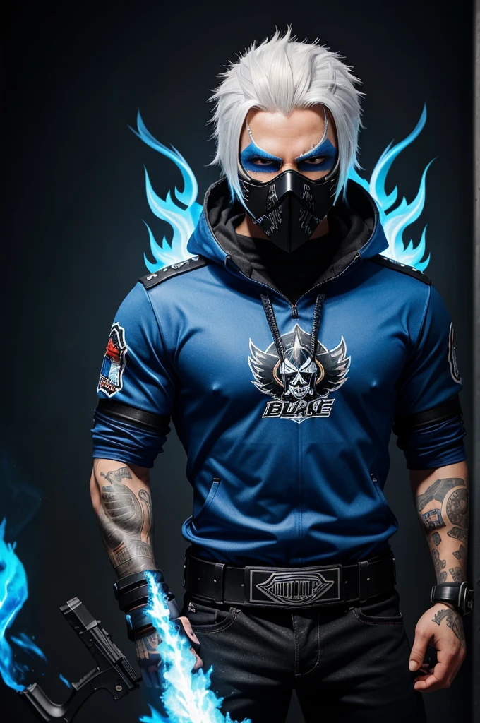 A background with (blue & black flames) , ( male mascot ) type with white hair and  black mask at standing and having a guns in hand name ( killtake22 ) as gaming logo