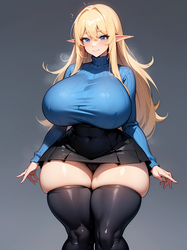 young elf girl, blue eyes, blue Pullover, black long skirt, whole body to see, smiled, excited, moans, blond long hair, (( very wide hips)), (((colossal Thighs, gigantic thighs, very huge thighs, very big thighs))), sexy pose, wet clothes