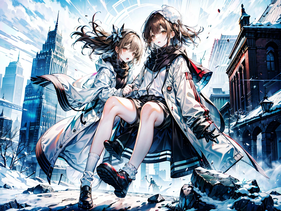 A 15-year-old girl picks up a 7-year-old girl in white knee socks,fair,Long brown hair,Very thin,small thin legs,Snow,White coat,shorts,Bare legs,The legs are very thin,energetic,whole body,White socks