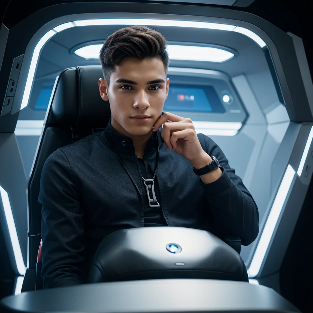 A young man sit in the chair futuristic background realistic face hd