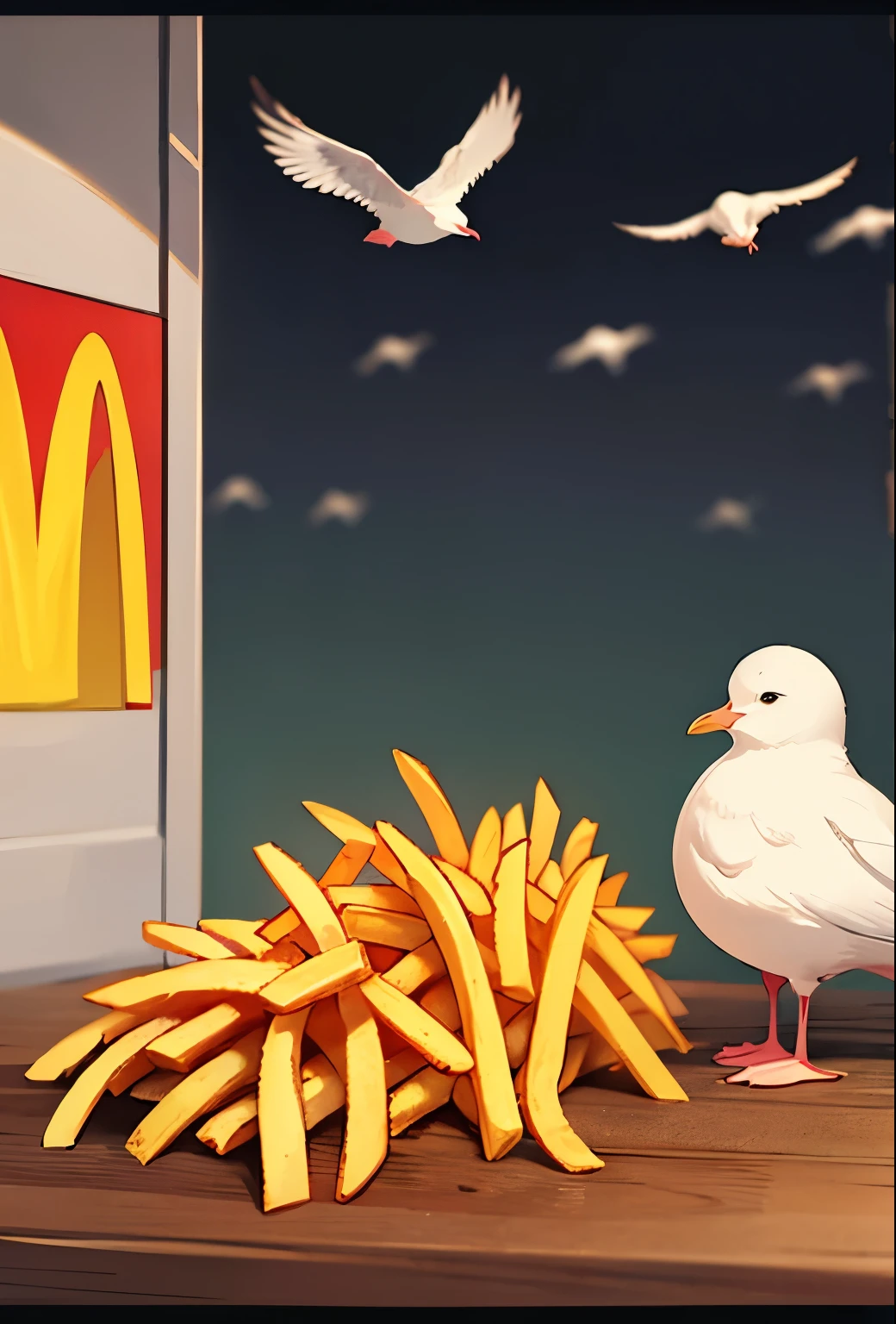 anime style, french fries from McDonald's, seagulls,