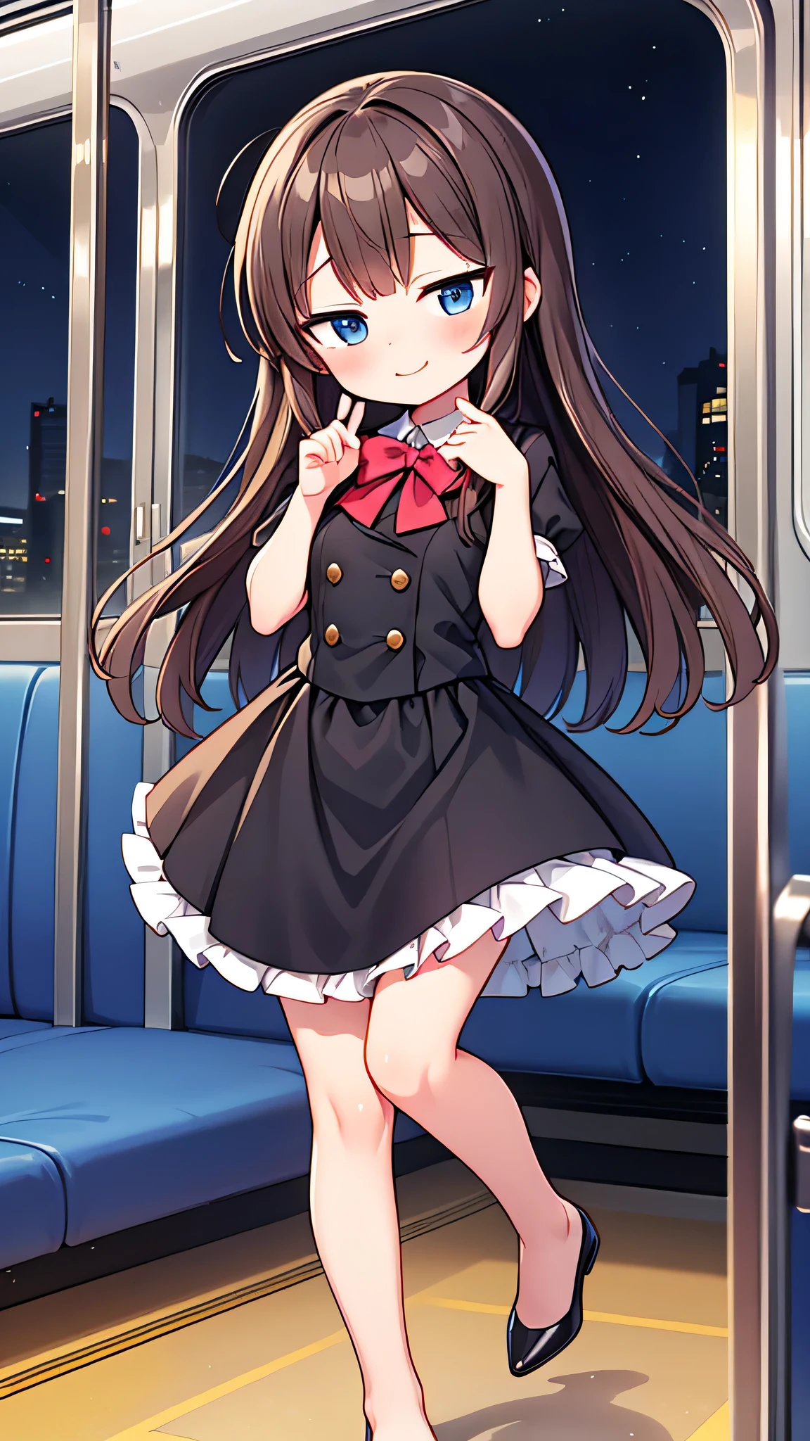 {Highest quality], [Super beautiful], [Ultra fine], [Best illustration], NSFW,Brown Hair, Hime cut, Long Hair, With bangs, girl, In a suit,OL,smile, blush, Slender women,Short sleeve,Long straight skirt, Adult women,Strike a Pose,Inside the train at night,diagonal, Bare feet and pumps, Plain black pumps