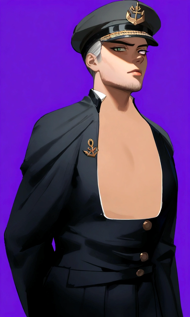 (1girl:1.3), (exceptional, best aesthetic, new, newest, best quality, anime, waifu:1.2), master piece, best quality, ultra detailed, absurdres, highres, colored, good anatomy, pretty face, grey hair, no beard, no mustache, big breast, sexy, exposed breast, military uniform, peak cap, ribbon, anchor insignia on the cap, shirt buttons,