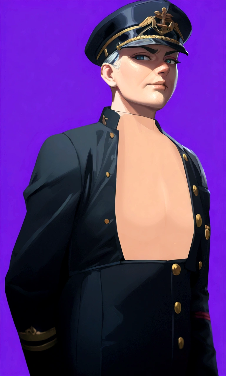 (1girl:1.3), (exceptional, best aesthetic, new, newest, best quality, anime, waifu:1.2), master piece, best quality, ultra detailed, absurdres, highres, colored, good anatomy, pretty face, grey hair, no beard, no mustache, big breast, sexy, exposed breast, military uniform, peak cap, ribbon, anchor insignia on the cap, shirt buttons,