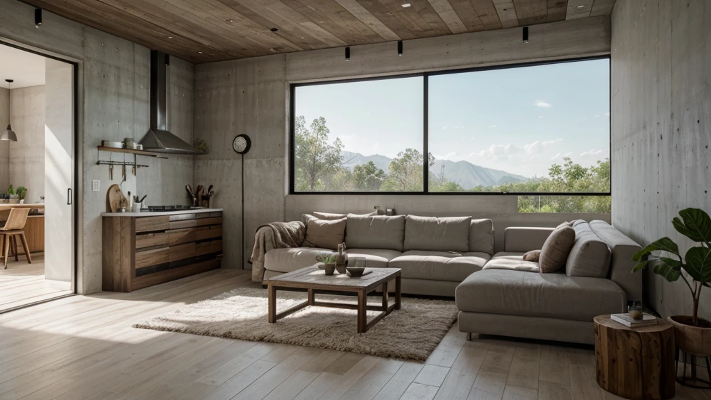 Interior corner with modern concrete rustic, with backdrop of natural light, wall decorated with old effect cement paint, mix with rivendell architecture, concrete hitech interior, minimal Livingroom with kitchen, beautiful aesthetic design, minimalistic house in the wood, small living room with kitchen, rustic, filled with natural light, modern earthy neutral earthy, 8k, FHD, Octance Render